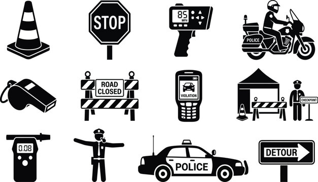 Comprehensive Traffic Police and Road Safety Icon Set Featuring Police Car, Motorcycle, Radar Gun, Stop Sign, Breathalyzer, Road Closed Barrier, and Law Enforcement Symbols for Safety.