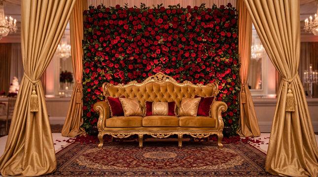 Luxurious wedding stage decoration with gold ornate sofa, red rose flower wall background, elegant silk curtains, and oriental carpet for marriage ceremony