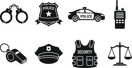 Essential Police and Law Enforcement Vector Icon Set Featuring Handcuffs, Shield Badge, Patrol Car, Radio, Whistle, Officer Hat, Security Vest, and Scales of Justice for Legal Projects. © Masum