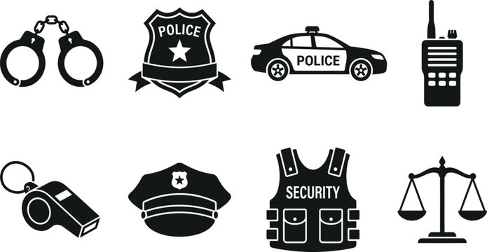 Essential Police and Law Enforcement Vector Icon Set Featuring Handcuffs, Shield Badge, Patrol Car, Radio, Whistle, Officer Hat, Security Vest, and Scales of Justice for Legal Projects.