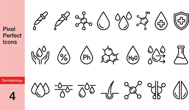 Dermatology and skincare pixel perfect line icon set featuring moisture drops chemical formulas pipettes and skin protection