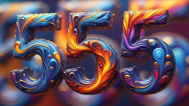 Three dimensional artistic number 555 illustration with ornate swirls and viintimate apparelnt colors, glossy finish