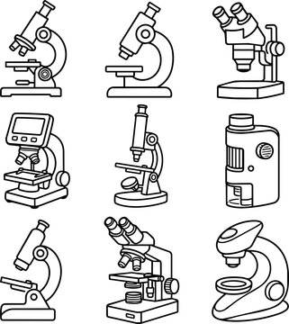 Set of microscope and laboratory optics outline illustrations