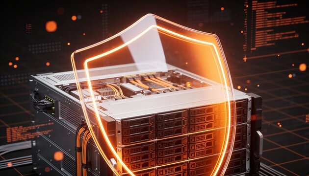 Secure cloud storage protected by digital shield and encrypted data streams, cybersecurity protection for online backup systems and modern cloud computing infrastructure
