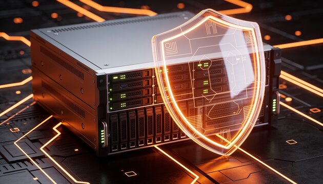 Secure cloud storage protected by digital shield and encrypted data streams, cybersecurity protection for online backup systems and modern cloud computing infrastructure