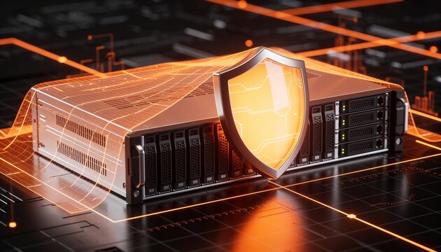 Secure cloud storage protected by digital shield and encrypted data streams, cybersecurity protection for online backup systems and modern cloud computing infrastructure