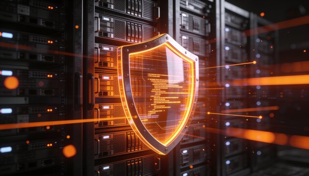 Secure cloud storage protected by digital shield and encrypted data streams, cybersecurity protection for online backup systems and modern cloud computing infrastructure