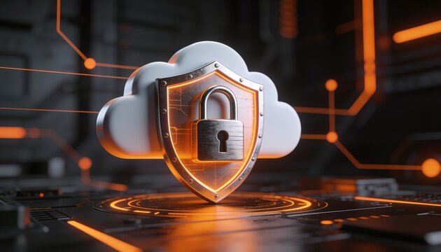 Secure cloud storage protected by digital shield and encrypted data streams, cybersecurity protection for online backup systems and modern cloud computing infrastructure