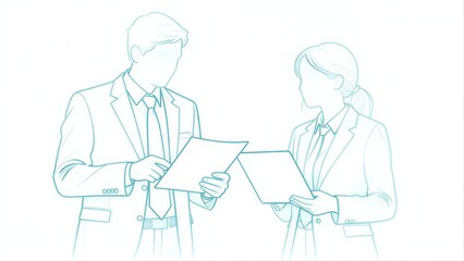 Fototapeta premium Two professionals in suits discuss documents, illustrated with clean blue lines.
