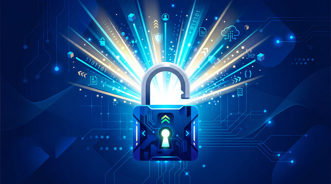 Cyber Security Concept with Glowing Open Padlock and Digital Data Protection Binary Code Background