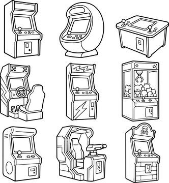 Outline set of arcade machines claw crane and racing game cabinets