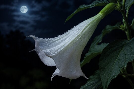 White datura flower blooming at night under moonlight.