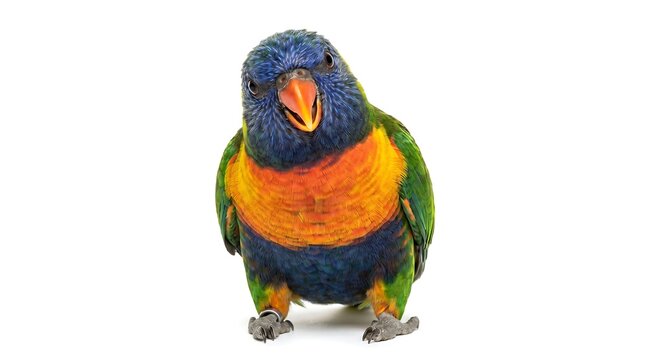 A colorful rainbow lorikeet bird standing isolated on a white background.
