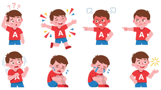 Little boy character expressing various emotions and feelings with different facial expressions.