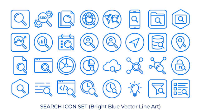 Bright Blue Search Icons Set - SEO, Data, Analytics, Location, Network, Cloud, Security