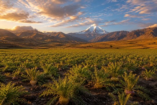 A field of maca plants under a vast sky with the Andes mountains in the distance.