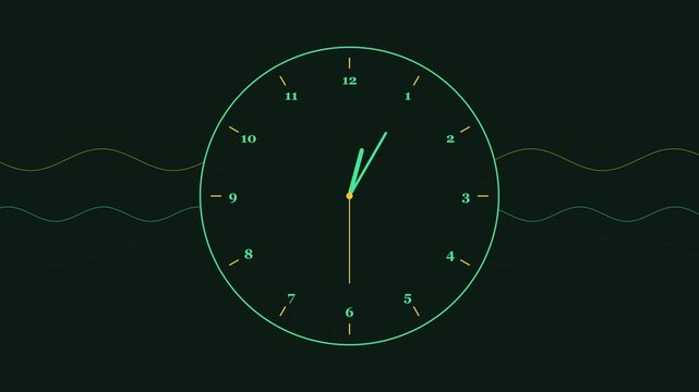 Minimalist analog clock face with animated wave background, modern time concept motion watch