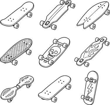 Outline skateboard and longboard set with surfboard cruiser waveboard and deck graphics
