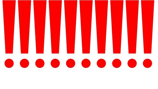 10 seconds ten bouncing red dot that transforms into bouncing exclamation mark white background HD video animation screensaver motion graphics 
