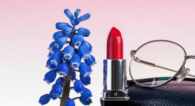 red lipstick, blue flowers and glasses