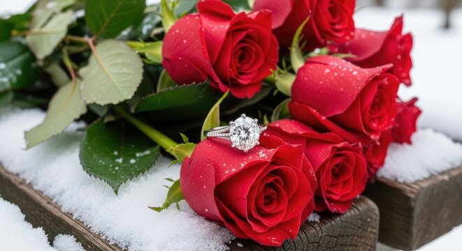 red roses and diamond ring on snowy wooden box