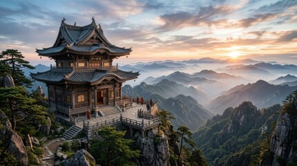Fototapeta premium Traditional East Asian Temple on Mountain Cliff at Sunrise