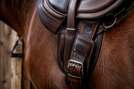 A finely crafted leather saddle girth fastened to a saddle, detailed texture, rustic setting.