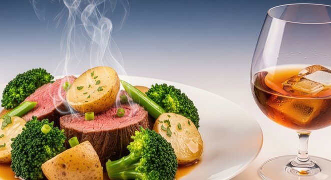 Roast beef with steamed broccoli and potatoes, served with whiskey