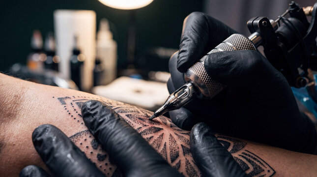Professional tattoo artist using a machine to create an intricate black ink pattern on a person's forearm with black nitrile gloves in a studio