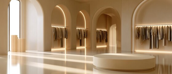 Fototapeta premium A bright, minimalist luxury boutique interior with arched alcoves, clothing racks, and a central display platform in warm beige tones
