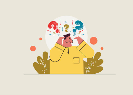 Confused man question mark thinking problem solving concept vector illustration