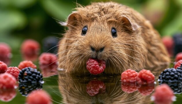 A brown guinea pig eating a raspberry among fresh berries on a reflective surface