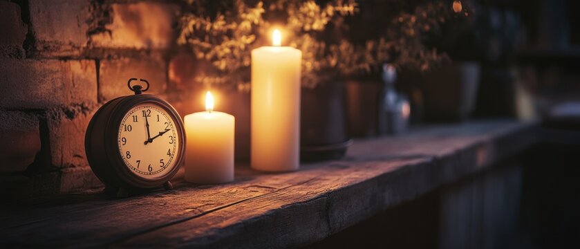 Antique clock and candles on rustic wooden table warm candlelight brick background