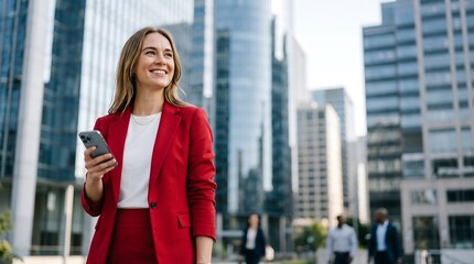 Fototapeta premium Professional woman smiling while walking in modern urban business district