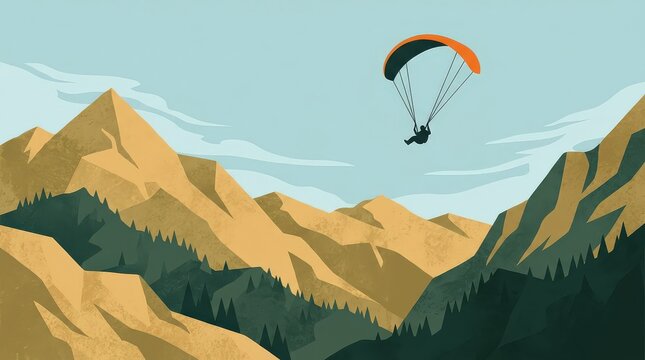 Paraglider Soaring Over Majestic Mountain Peaks and Pine Forests in a Vast, Open Sky