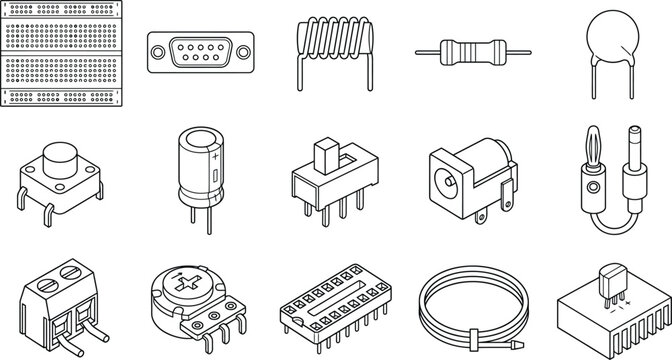 Architectural 2D CAD vector symbol set of mechanical and electrical equipment blocks for technical drawings, shown as clean black linework icons in a grid. Collection includes schematic components suc