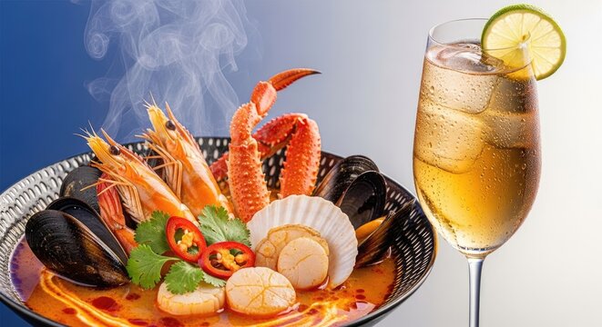 seafood plate and champagne cocktail