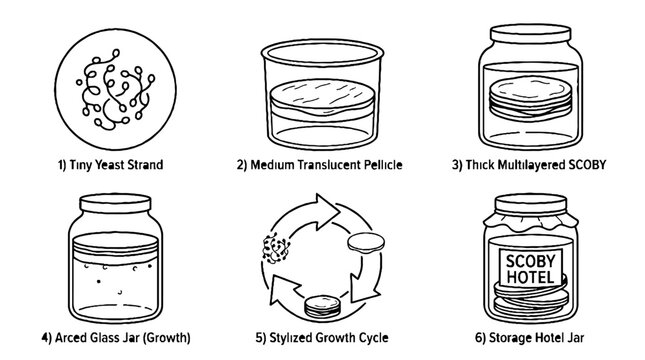 Kombucha Scoby Growth Stages Infographic Line Art.