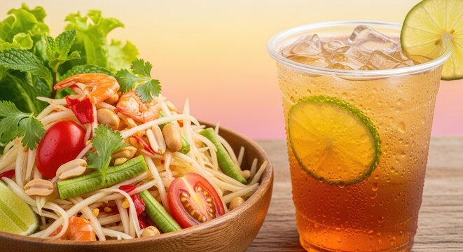 som tam thai, iced tea and salad