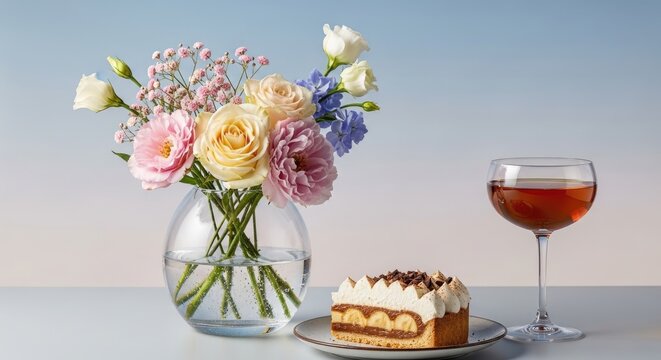 still life with cake, flowers and wine