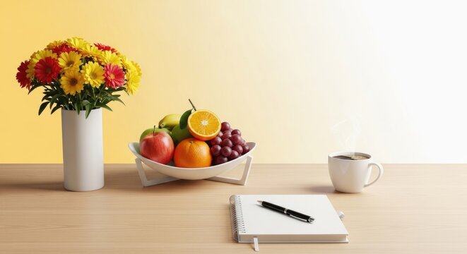 still life with flowers, fruit and coffee