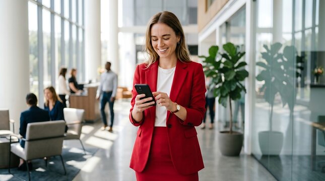 Professional woman checking smartphone in modern office lobby with natural light