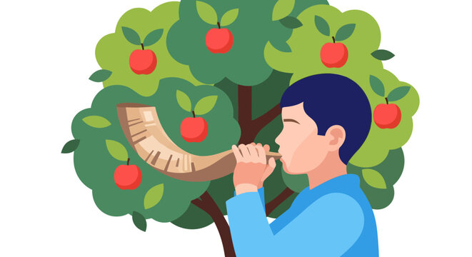 Young boy blowing a shofar near an apple tree.