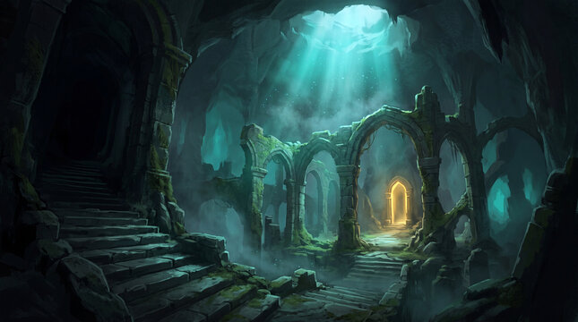 Mystical ancient stone ruins inside a dark cavern with ethereal turquoise light rays shining through a hole in the ceiling and a glowing portal door