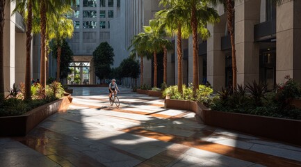 Fototapeta premium A lone cyclist rides through a sun-drenched urban plaza with palm trees and architecture
