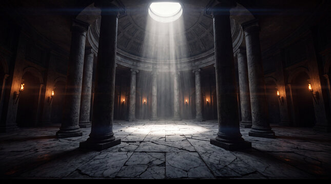 Ancient stone temple interior with majestic columns and dramatic light ray shining from a circular skylight onto the cracked marble floor in dark chamber