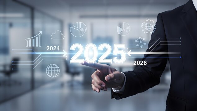 Futuristic Business Timeline Interface Showing 2025 Transition, Digital Transformation Strategy, Corporate Planning and Innovation Concept