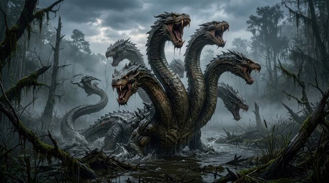 Mythical Seven-headed Hydra Monster in Misty Dark Swamp