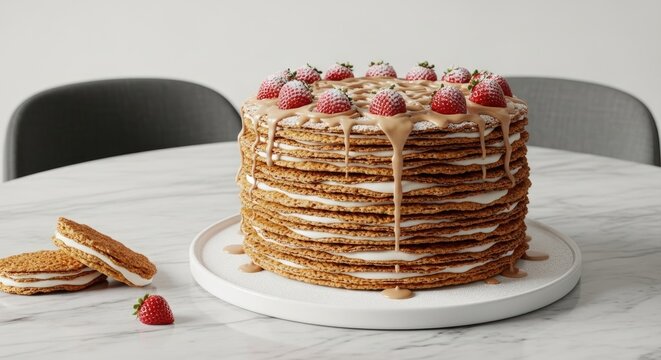 tall cake with strawberries on top