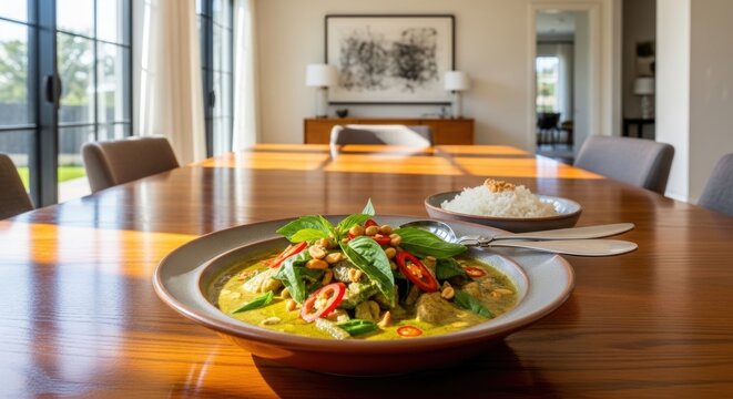 thai curry dish with rice on wooden table